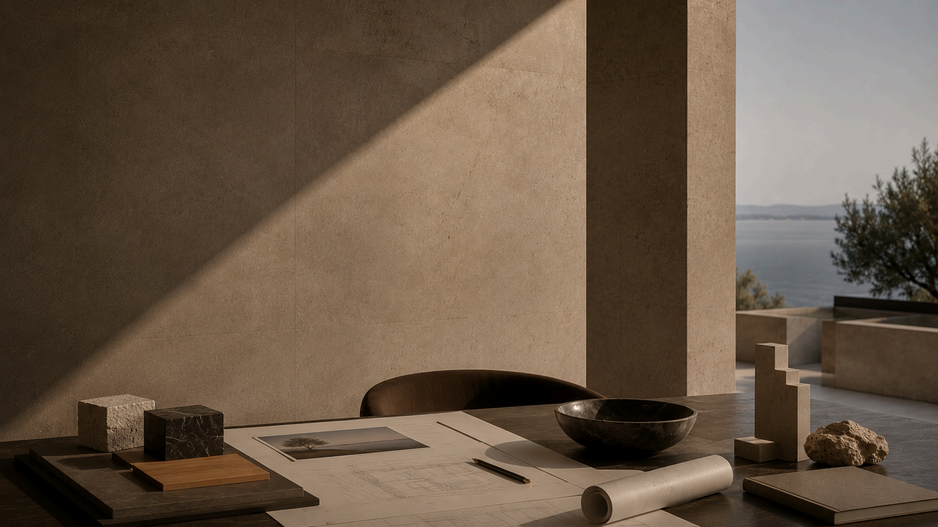Mesa de trabalho com plantas de arquitectura e maquetas, com vista para o mar